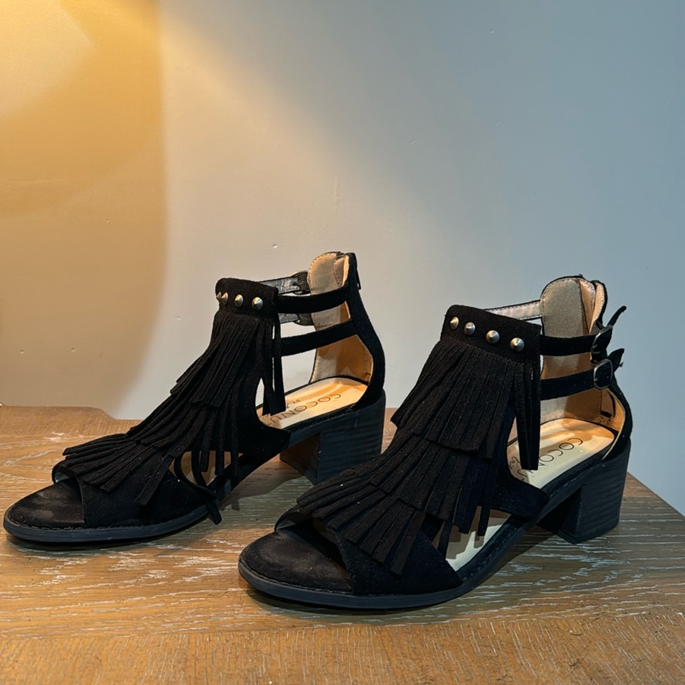 Black Suede Studded Fringed Size 8.5 Coconuts by Matisse. Sandal or Heel